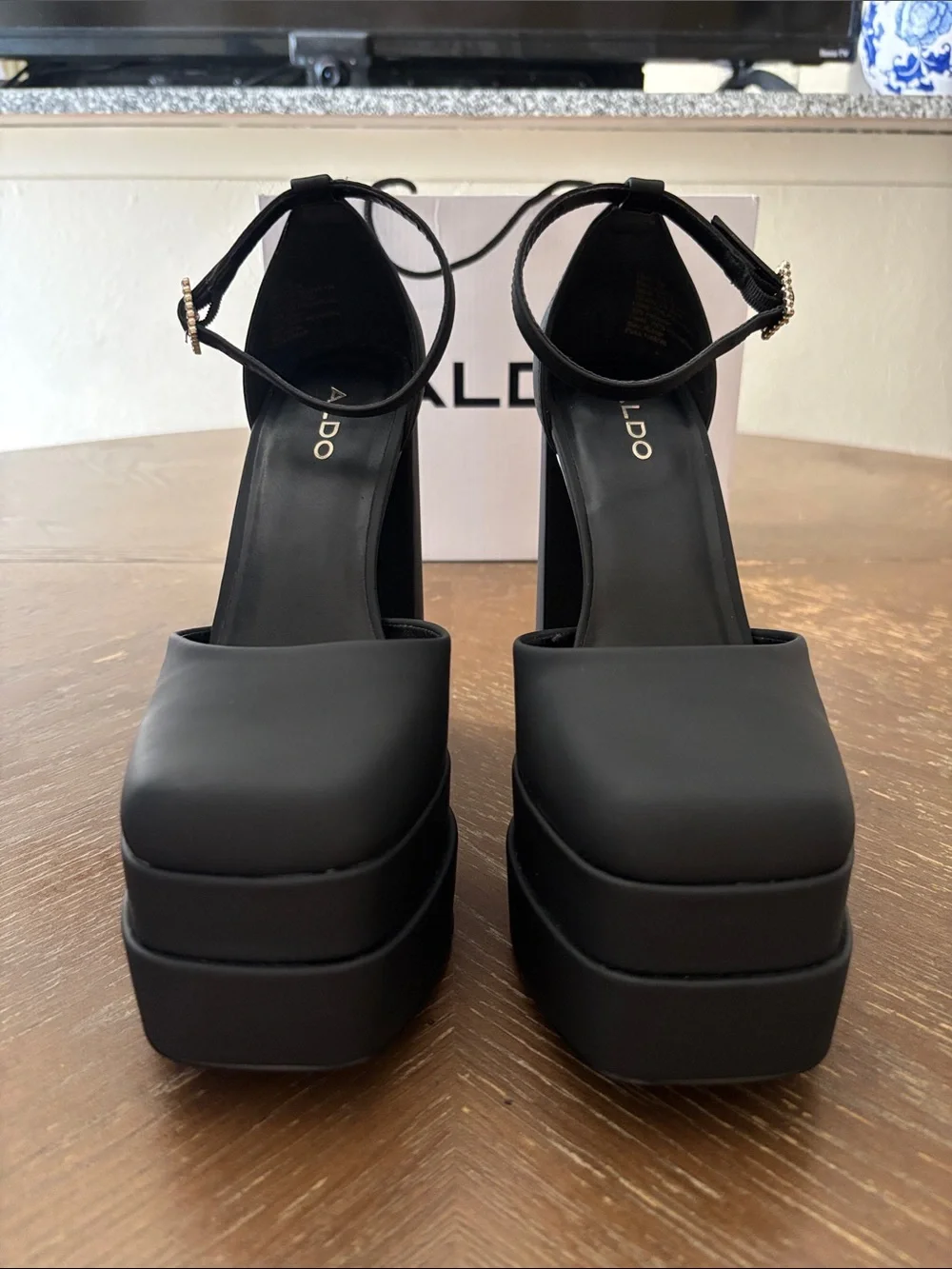 ALDO Grandle double-platform block-hell square toe rhinestone strap 6” heels